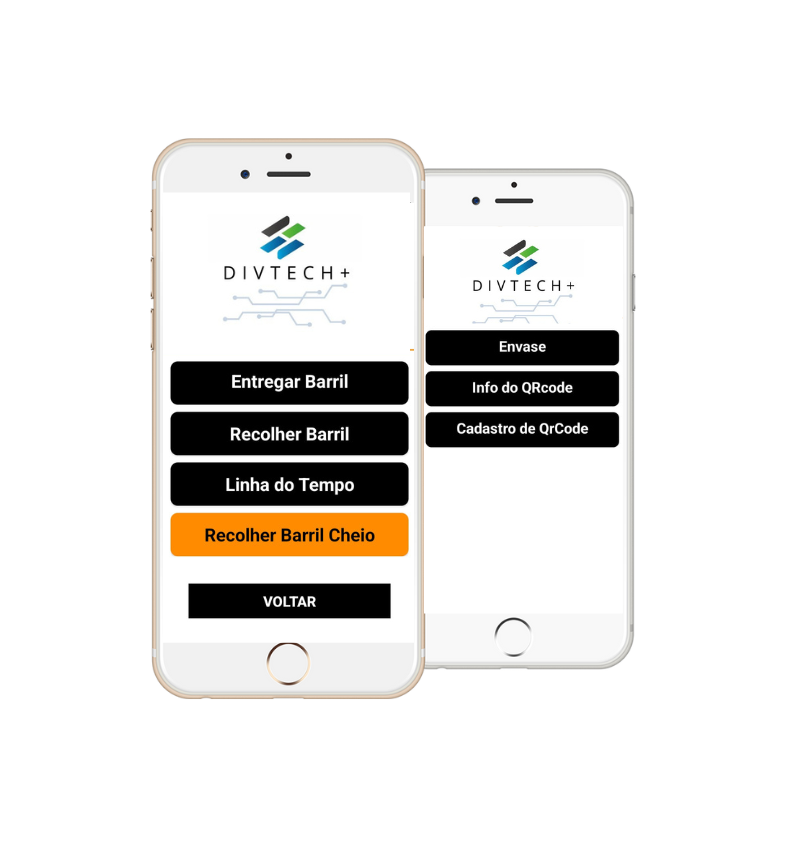Imagem de dois smartphones com o aplicativo DIVTECH